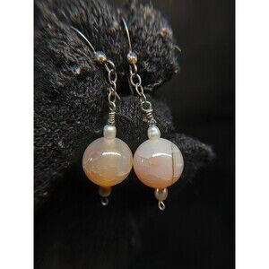 Sterling Silver 925 Rose Quartz Pearl Dangle Earrings 1.75"